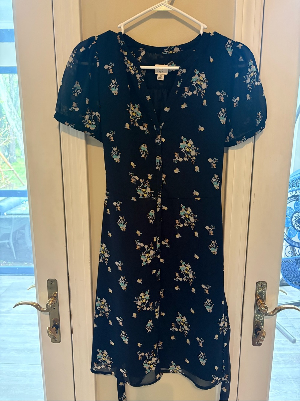 A New Day XS Navy Blue Button Down Dress with Floral Detail